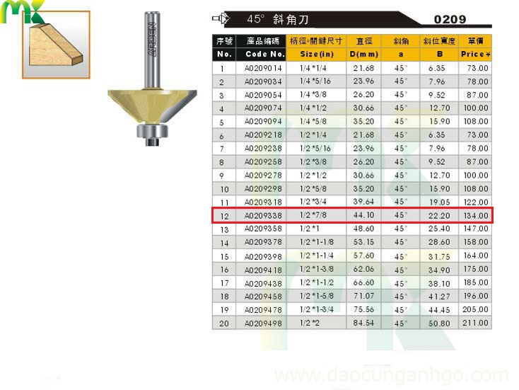 Mũi phay góc 45 độ ARDEN 1/2*7/8 0209 cốt 12.7mm