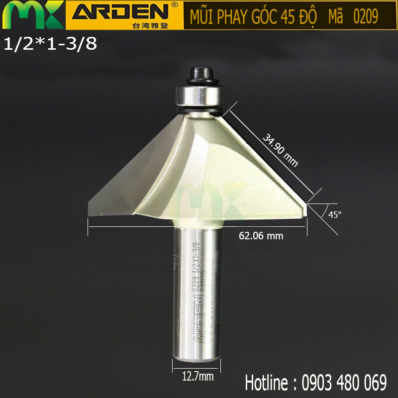 Mũi phay góc 45 độ ARDEN 1/2*1-3/8 0209 cốt 12.7mm