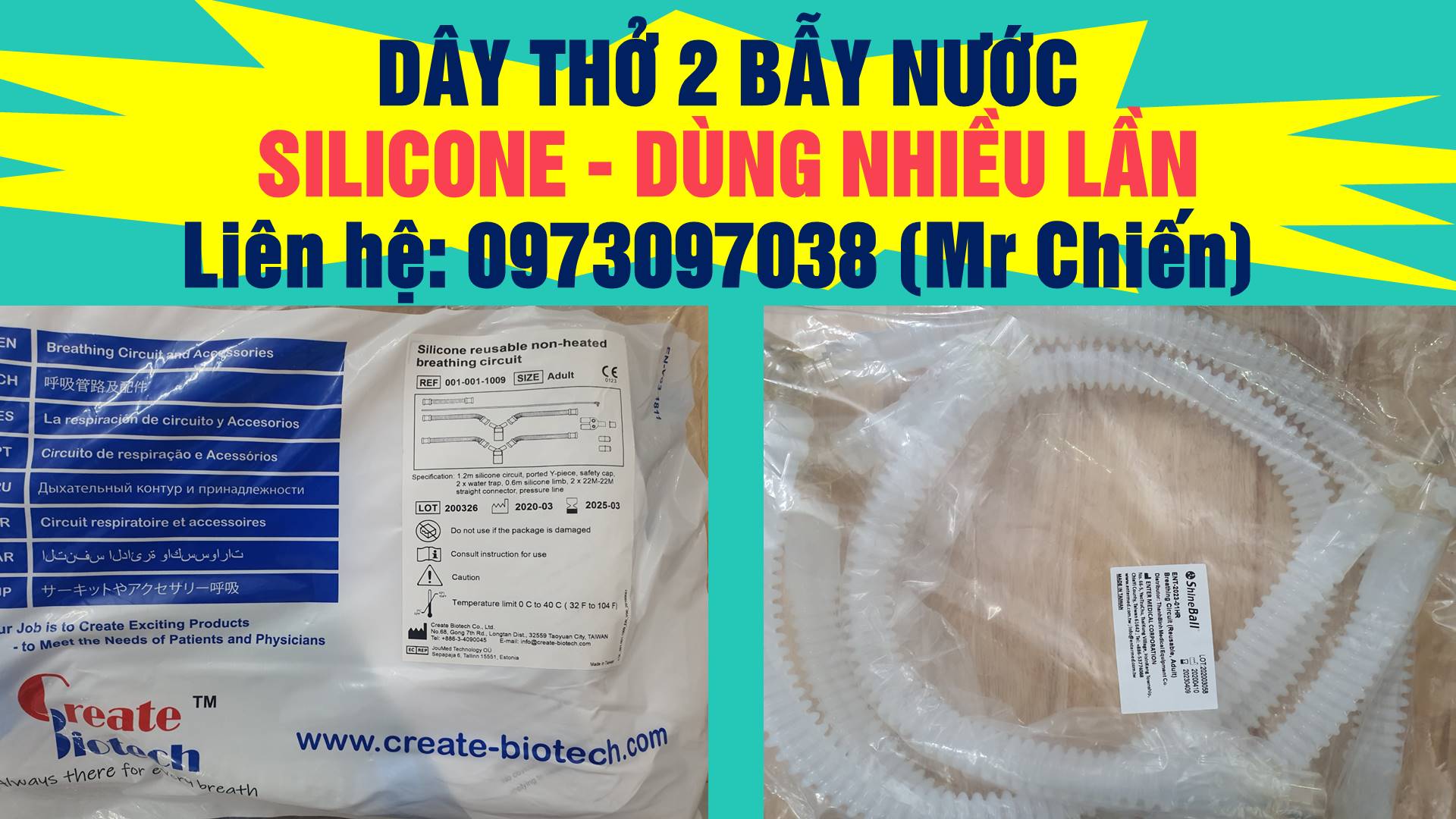 Bộ dây thở 2 bẫy nước silicone dùng nhiều lần