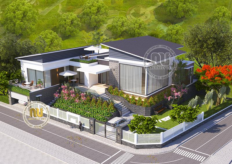 Thiết kế biệt thự vườn nổi bật với mái chéo hiện đại 4 phòng ngủ đẹp