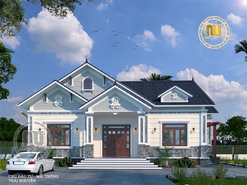 Thiết kế biệt thự 1 tầng 4 phòng ngủ kết hợp sân vườn xanh mướt