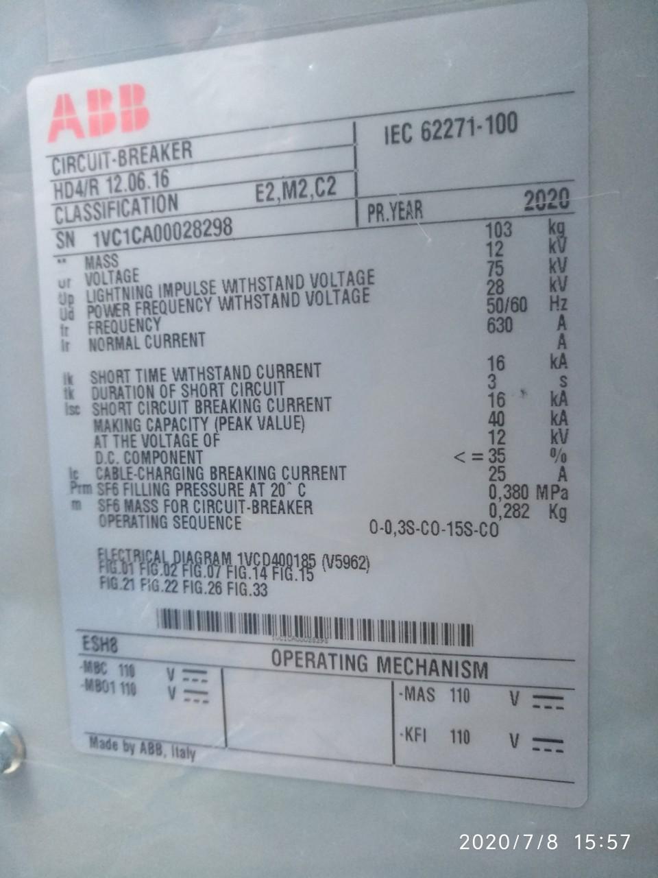 Máy cắt điện trung thế ABB 630A- 12kV- SF6